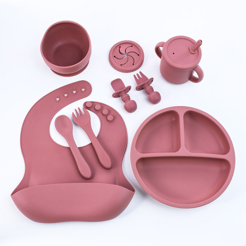 Rose Red 8-Piece Silicone Children&#39;s Tableware Set - BPA-Free Baby Feeding Utensils with Fork, Spoon, Cup, Bowl, and Bibs