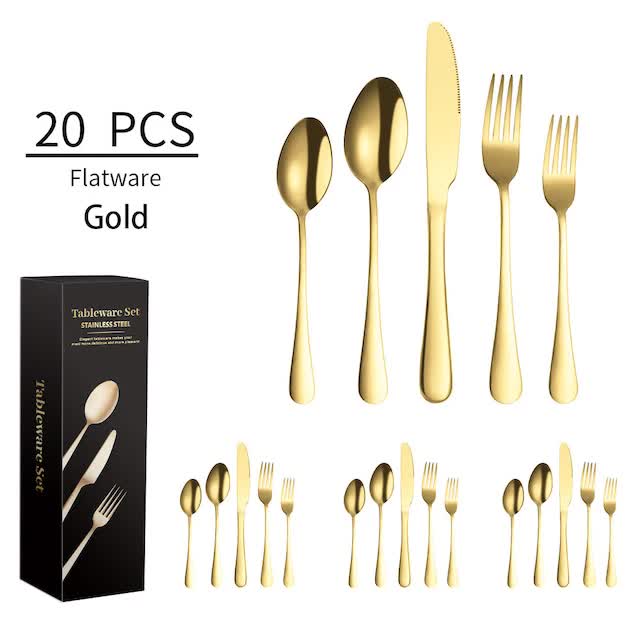 Gold 410 Stainless Steel Cutlery Set - Western Steak Knife, Fork &amp; Spoon Set, 4 Set/20-Piece Dinnerware Set