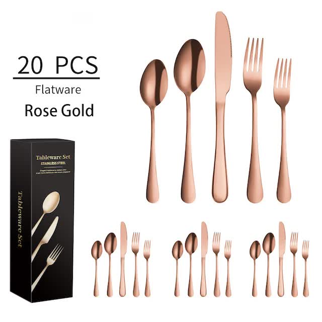 Rose Gold 410 Stainless Steel Cutlery Set - Western Steak Knife, Fork &amp; Spoon Set, 4 Set/20-Piece Dinnerware Set