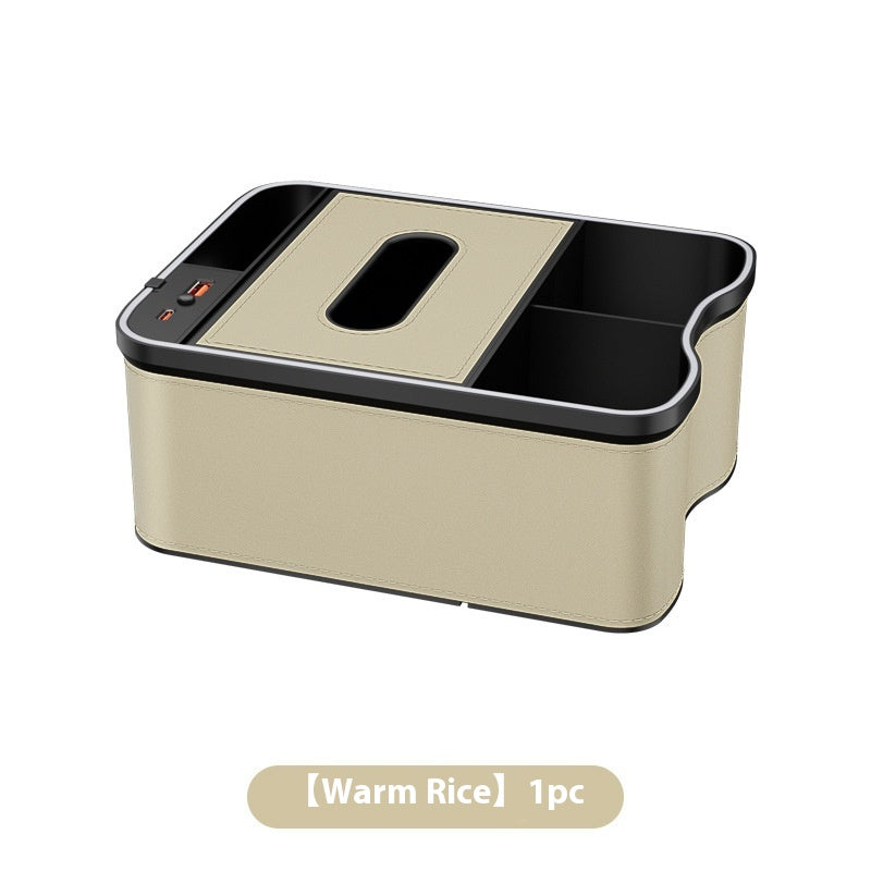 Warm Rice Car Armrest Storage Box with LED Ambient Light - Multifunctional Tissue Holder &amp; Organizer for Car Interior