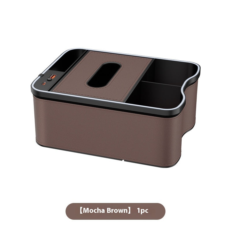 Mocha Brown Car Armrest Storage Box with LED Ambient Light - Multifunctional Tissue Holder &amp; Organizer for Car Interior