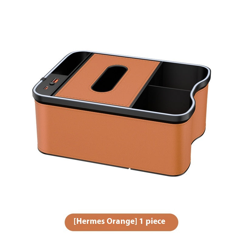 Mermes Orange Car Armrest Storage Box with LED Ambient Light - Multifunctional Tissue Holder &amp; Organizer for Car Interior