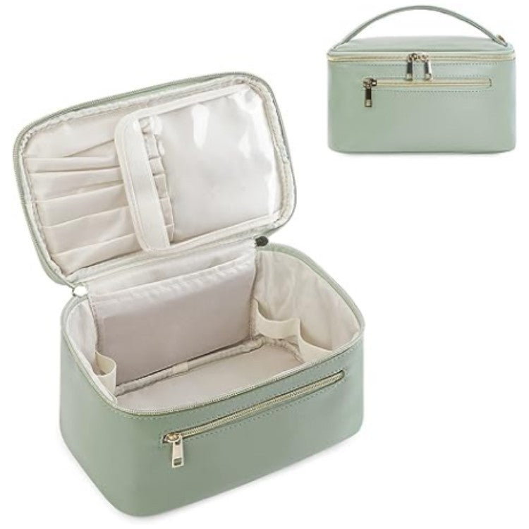Green PU Leather Large Capacity Makeup Bag - Waterproof &amp; Multifunctional Handbag for Women