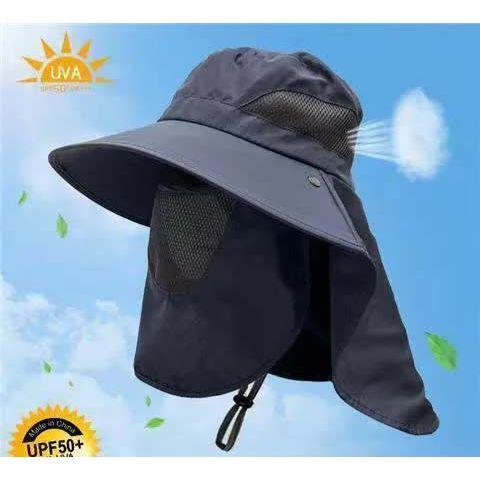 Navy Blue Outdoor UV Protection Hat for Men - Detachable Face & Neck Shield, Large Brim Sun Hat for Fishing, Hiking, and Outdoor Activities