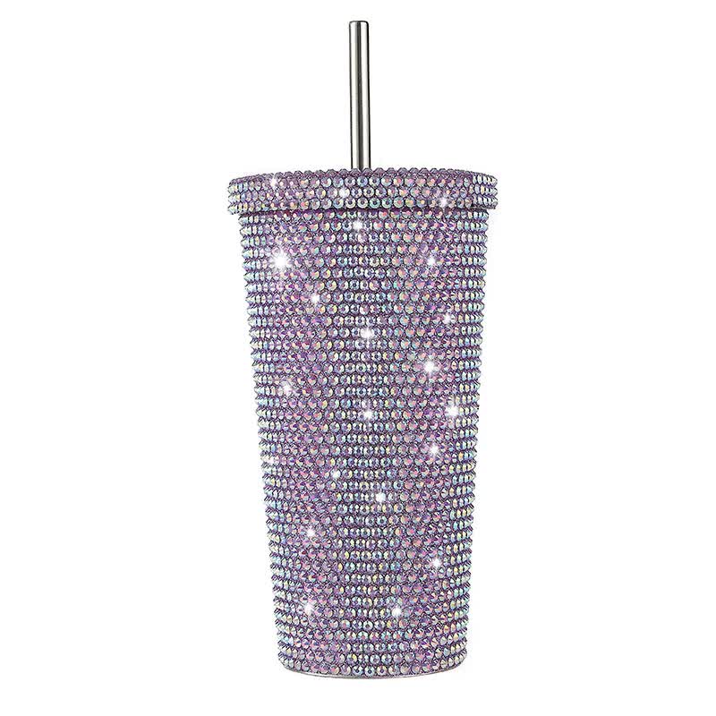 Purple Diamond-Inlaid Insulated 304 Stainless Steel Cup with Straw - Double-Walled, Rhinestone Coffee Mug, Gift Cup for Beverages