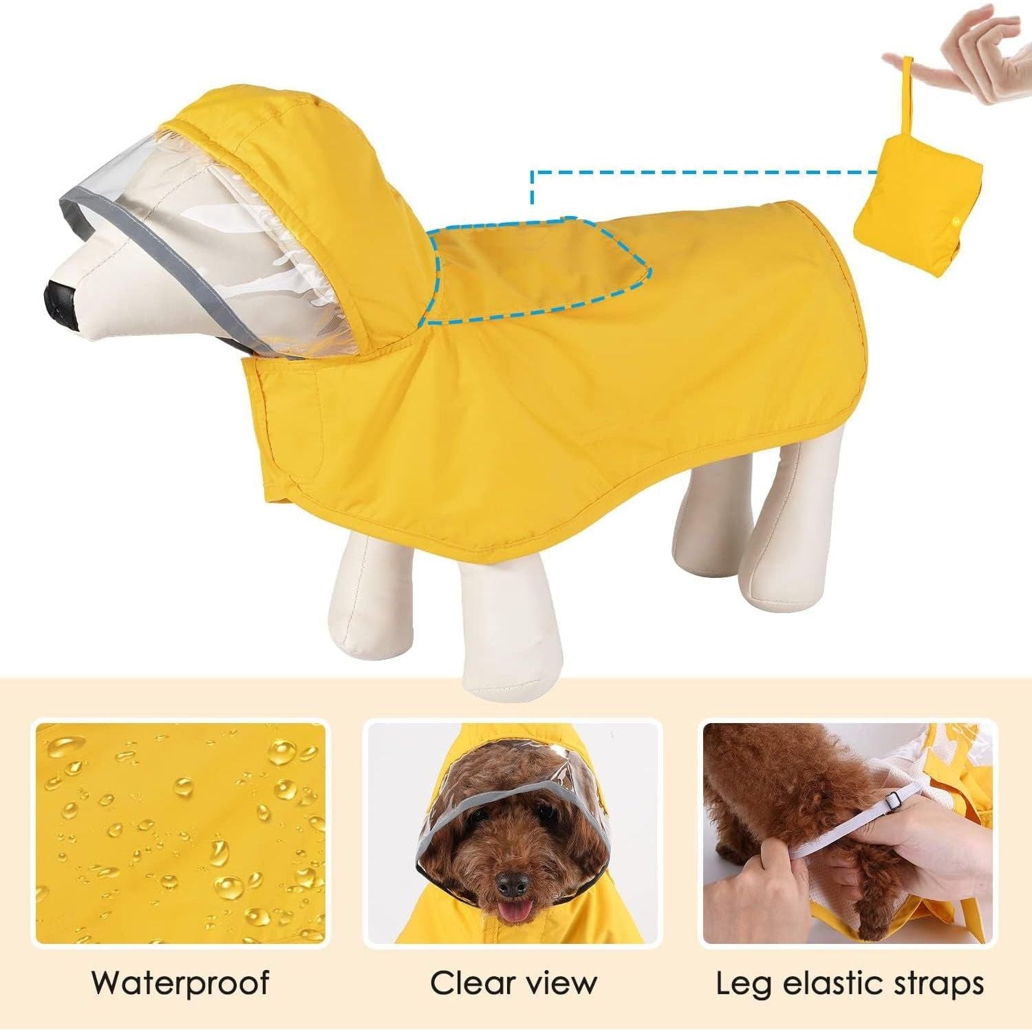 M Yellow Reflective Adjustable Pet Raincoat with Hood - Waterproof Dog Jacket, Adjustable Dog Poncho for Outdoor Protection