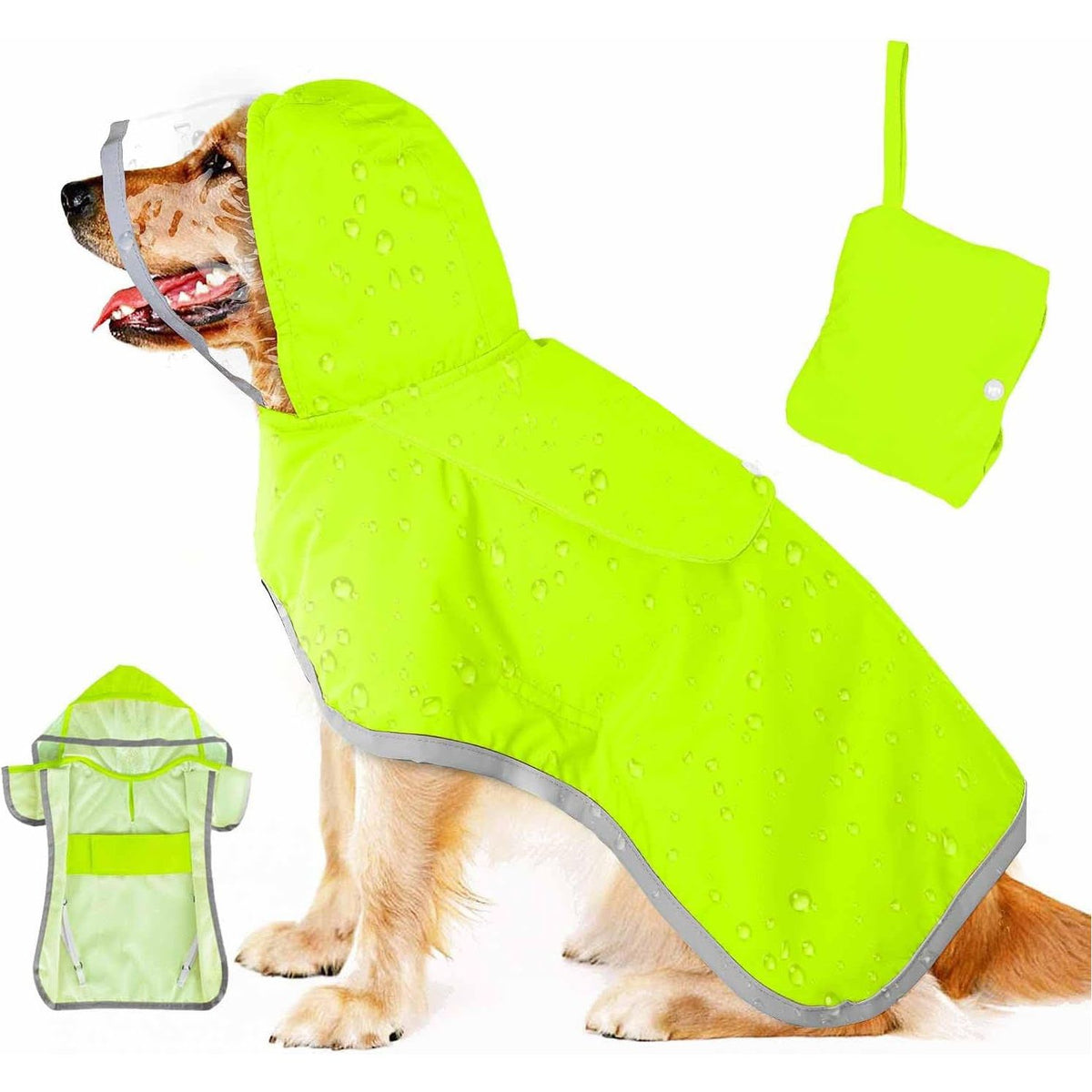 M Green Reflective Adjustable Pet Raincoat with Hood - Waterproof Dog Jacket, Adjustable Dog Poncho for Outdoor Protection