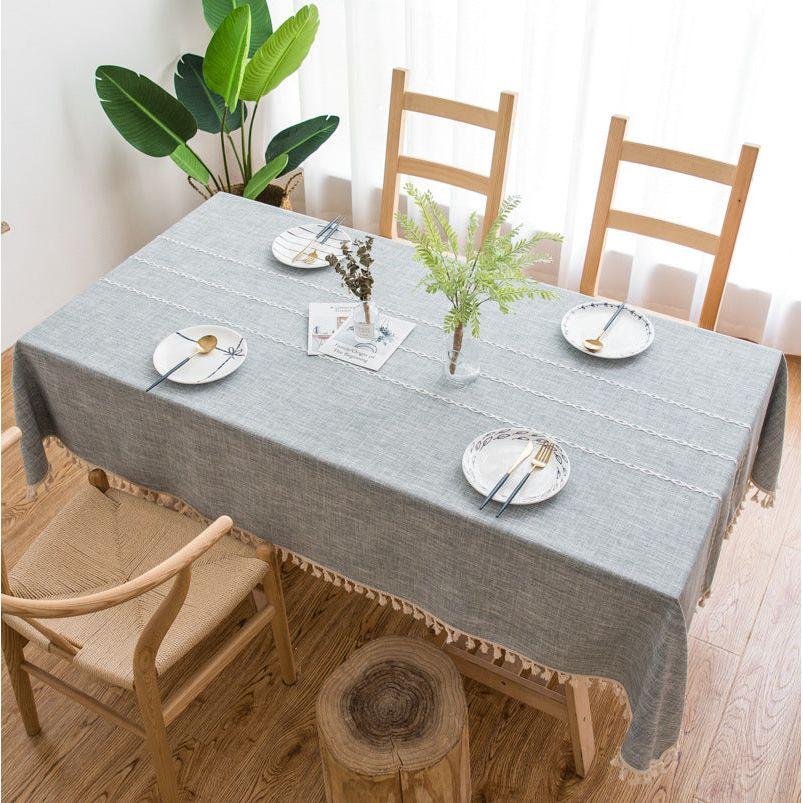 140cm*90cm Grey Striped Cotton Linen Embroidered Tassel Tablecloth - European &amp; American Pastoral Style for Restaurants