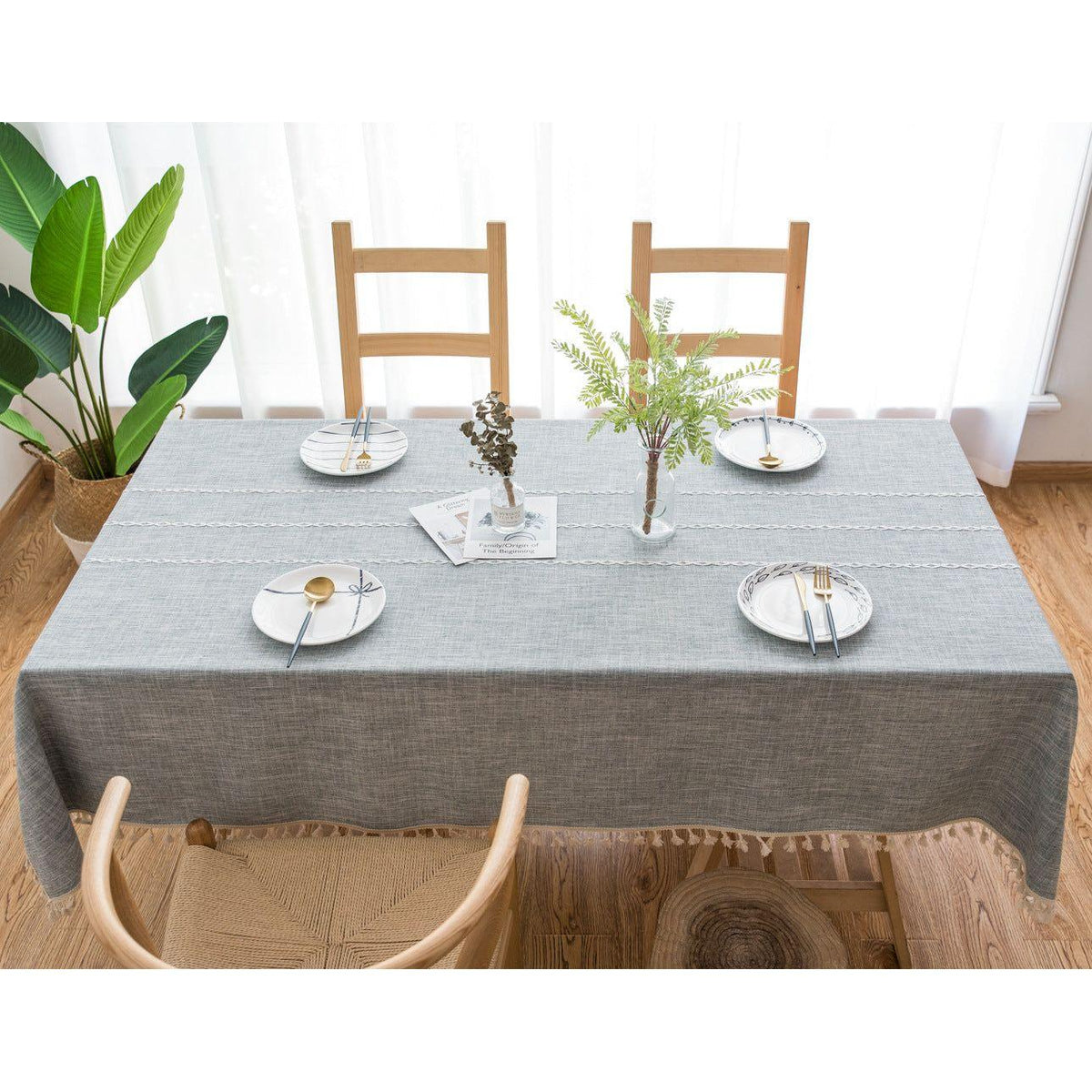 140*90cm Beige Striped Cotton Linen Embroidered Tassel Tablecloth - European & American Pastoral Style for Restaurants