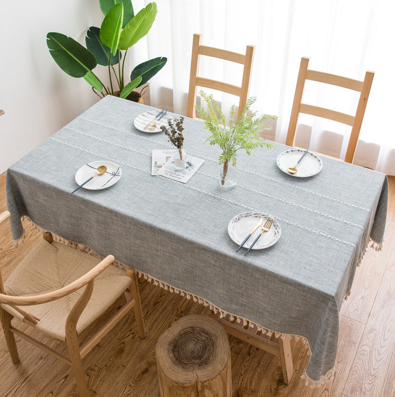 160*100cm Grey Striped Cotton Linen Embroidered Tassel Tablecloth - European &amp; American Pastoral Style for Restaurants