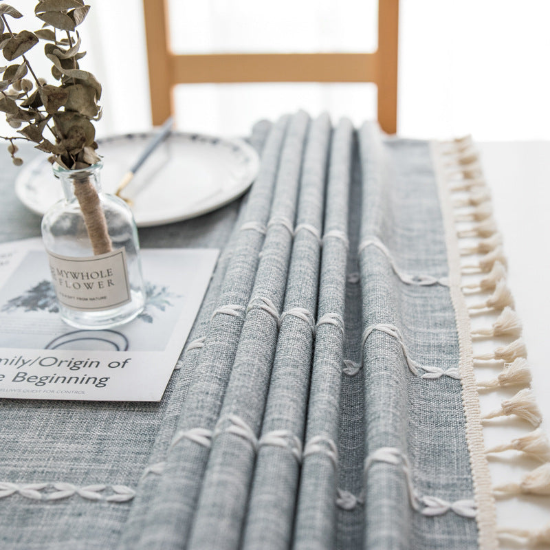 160*100cm Grey Striped Cotton Linen Embroidered Tassel Tablecloth - European & American Pastoral Style for Restaurants