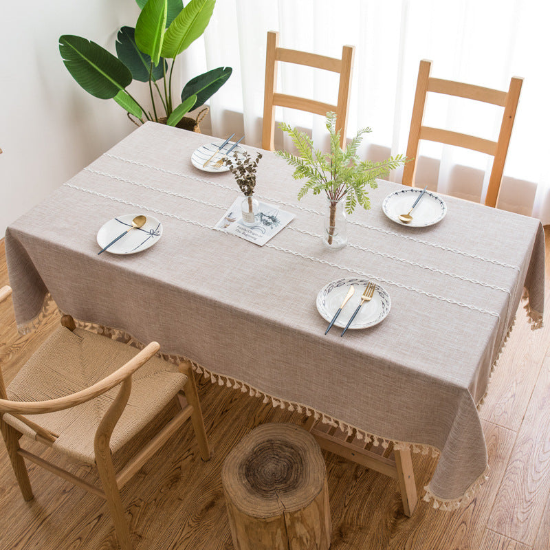 160*100cm Beige Striped Cotton Linen Embroidered Tassel Tablecloth - European &amp; American Pastoral Style for Restaurants