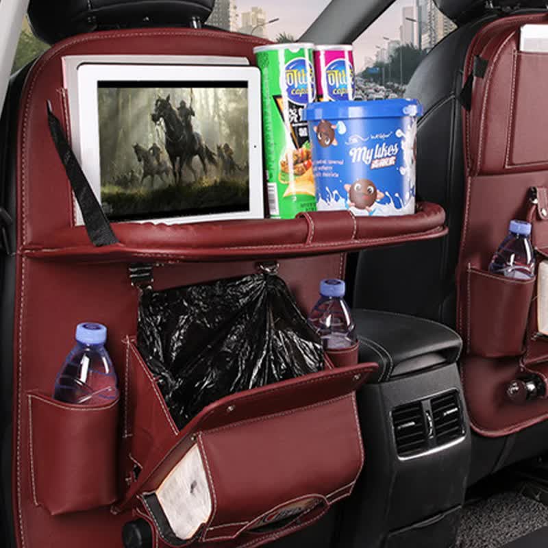 Rose Madder Leather Car Backseat Organizer with Foldable Tray Table &amp; Trash Bag - Multi-functional Car Storage Solution