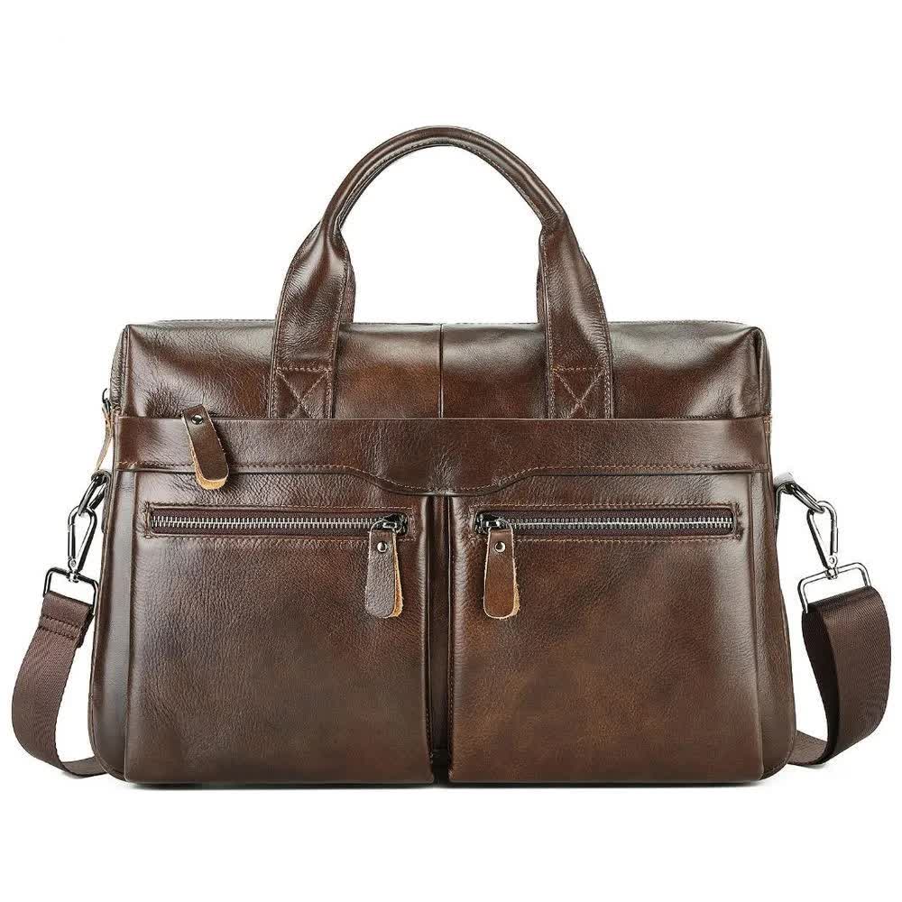 Coffee Men's Genuine Leather Briefcase - Classic Business Messenger Bag