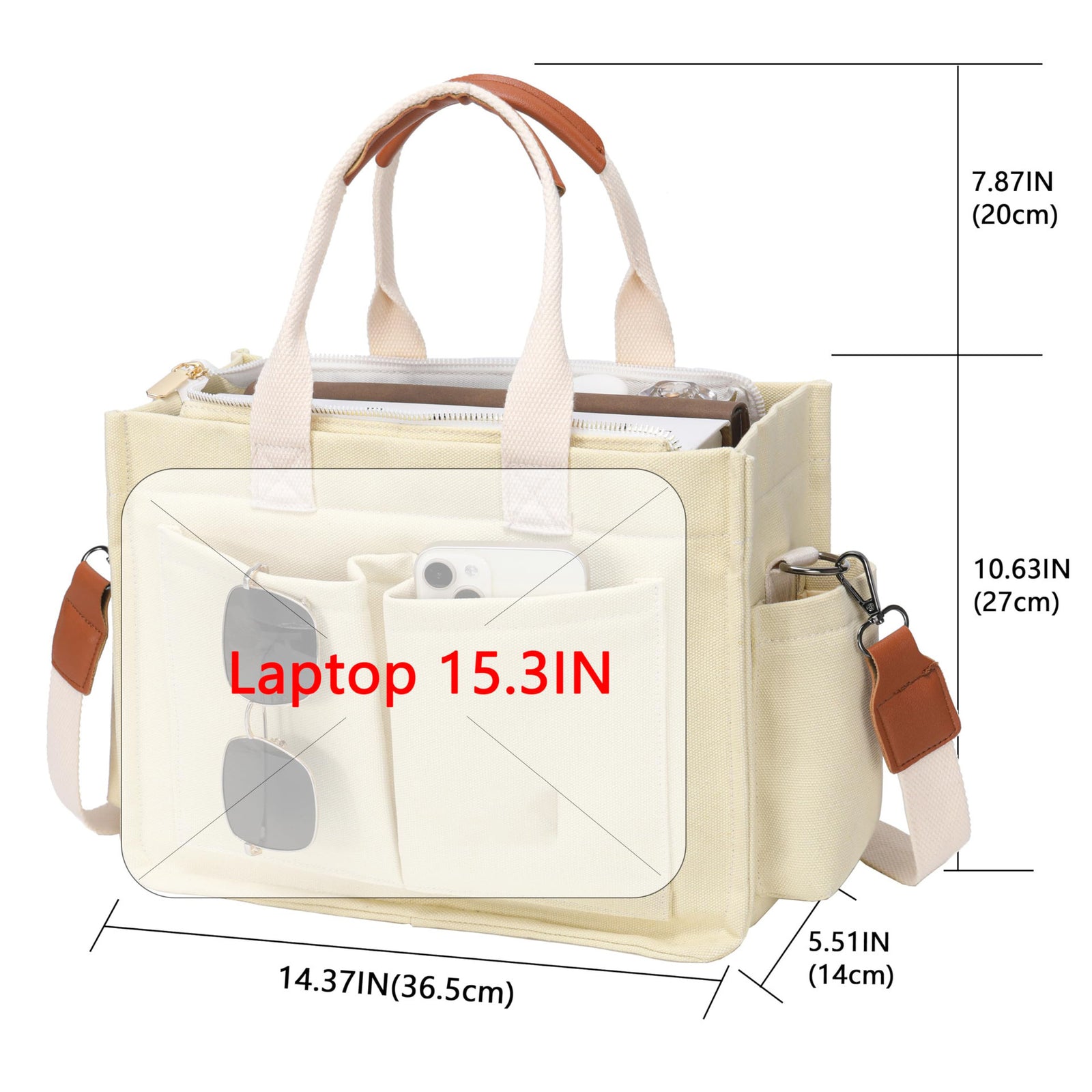 White Stylish Canvas Briefcase Tote Bag with Large Capacity for Women
