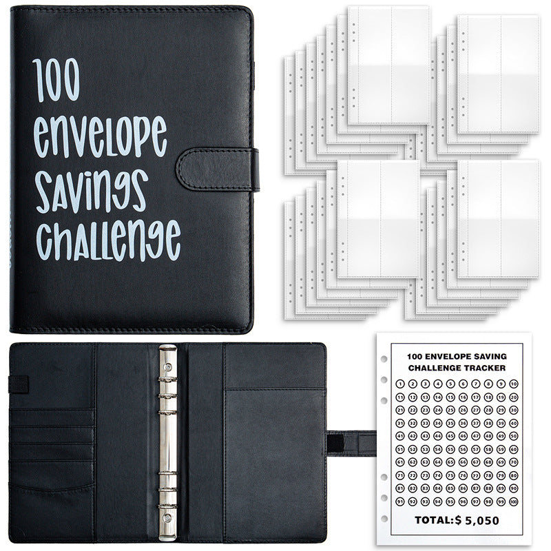 Black 100-Day Savings Challenge Cash Binder with Tracker and Refillable Notebook