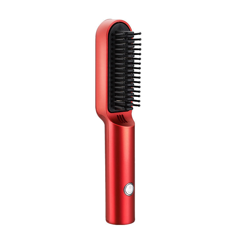 Red Wireless 2-in-1 Ceramic Hair Straightener &amp; Curler - Portable Travel Hot Comb, Rechargeable Hair Styling Tool