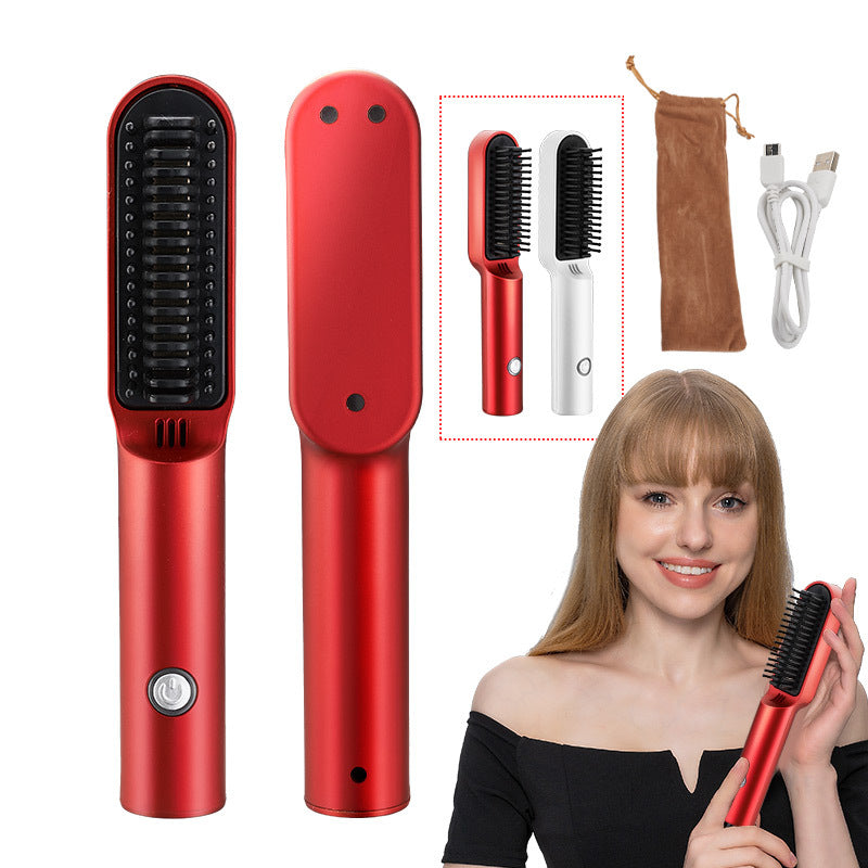 White Wireless 2-in-1 Ceramic Hair Straightener & Curler - Portable Travel Hot Comb, Rechargeable Hair Styling Tool