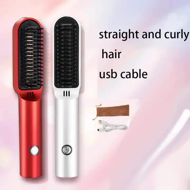 White Wireless 2-in-1 Ceramic Hair Straightener & Curler - Portable Travel Hot Comb, Rechargeable Hair Styling Tool