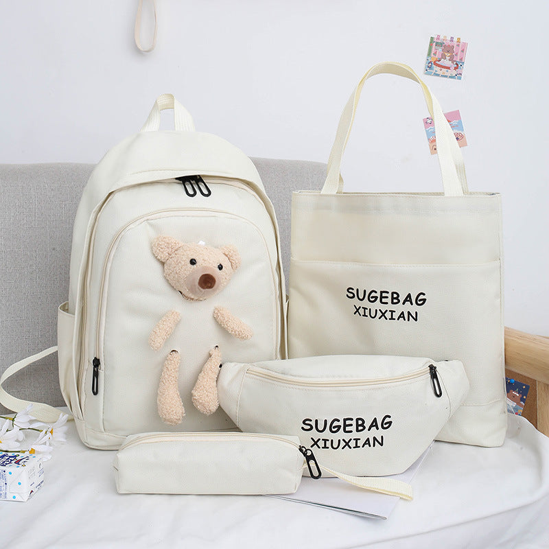 White Cute Little Bear Girls' Backpack Set - Korean Style Large Capacity School Bag for High School & Middle School Students, 4-Piece Set