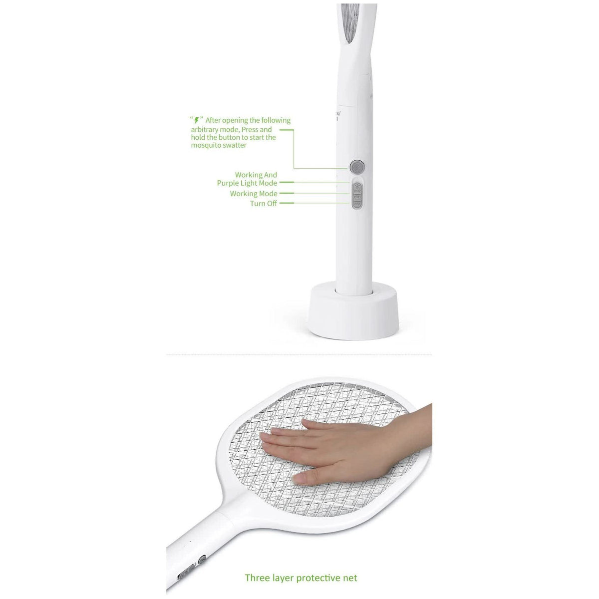 White Rechargeable Electric Mosquito Racket - 2-in-1 Mosquito Killer with Lithium Battery, Fly Swatter & Mosquito Zapper for Home Use