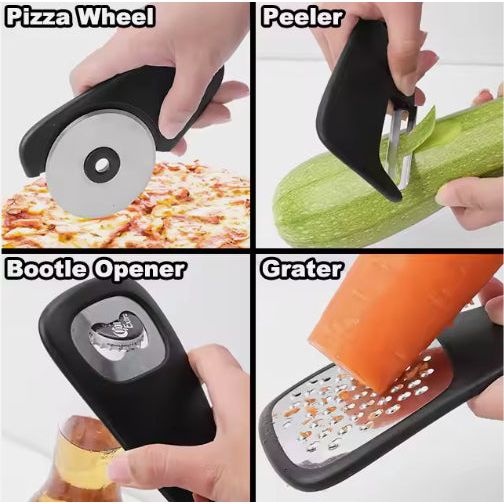 Stackable Kitchen Tool Set - Multi-Function Grater, Herb Cutter, Garlic Press, Can Opener, Cheese Grater, Pizza Cutter & Spice Set