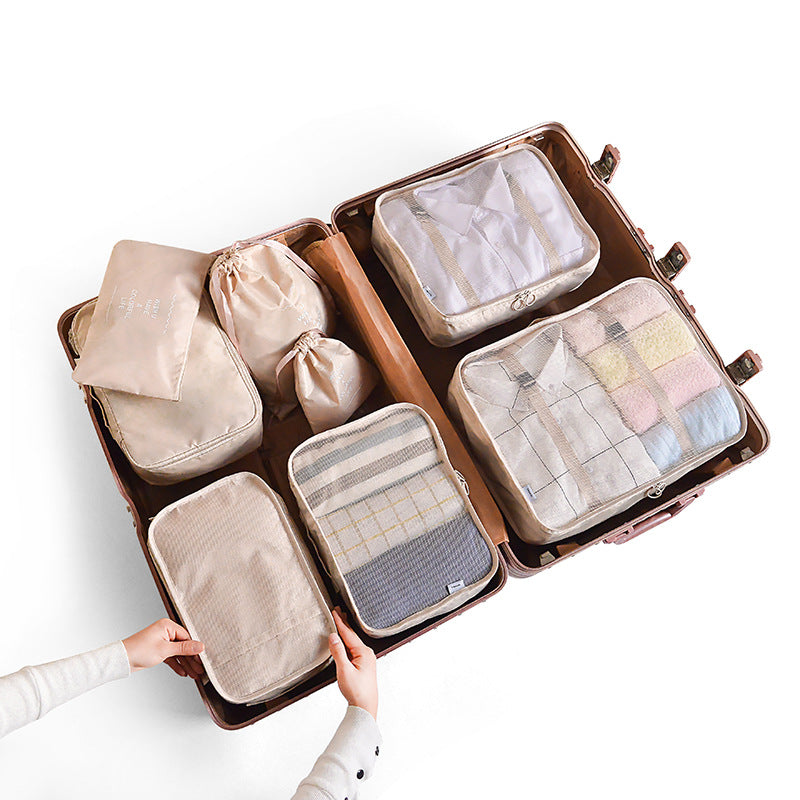 Beige 8-Piece Travel Organizer Set - Packing Bags for Clothes, Shoes, Underwear, and Toiletries with Drawstring and Zip Pouches