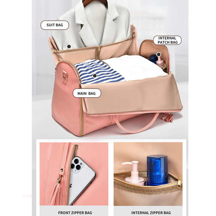 White And Brown  PU Leather Foldable Garment Bag, Women's Travel Duffel with Suit Carrier, Multi-Function Storage