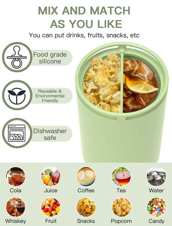 Beige 40oz Silicone Dual-Chamber Cup Separator - Food-Grade Drink Divider, Cold Drink Mug with Separate Compartments, BPA-Free Silicone Liner for Beverages, Juice, Coffee, and Tea