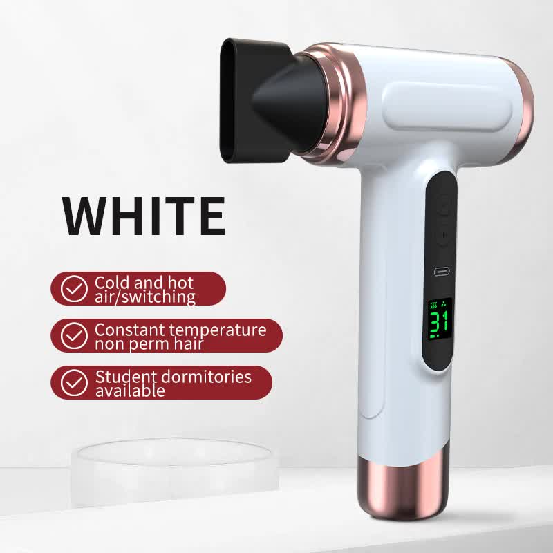 White Wireless Hair Dryer with Cold &amp; Hot Air, Portable Large-Capacity Rechargeable Ionic Dryer, Fast-Drying, Lightweight and Compact for Home and Travel