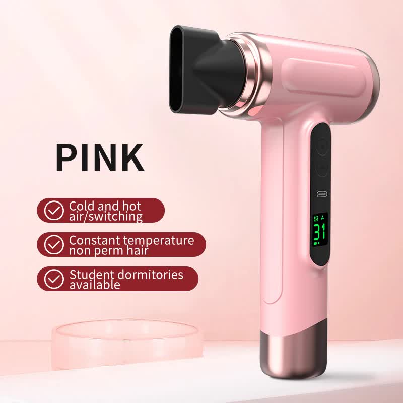 Pink wireless Hair Dryer with Cold &amp; Hot Air, Portable Large-Capacity Rechargeable Ionic Dryer, Fast-Drying, Lightweight and Compact for Home and Travel