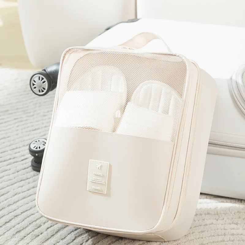 2 Pcs Beige Waterproof Foldable Travel Shoe Storage Bag, Three-Layer Design Shoe Organizer, Portable Shoe Pouch for Trips
