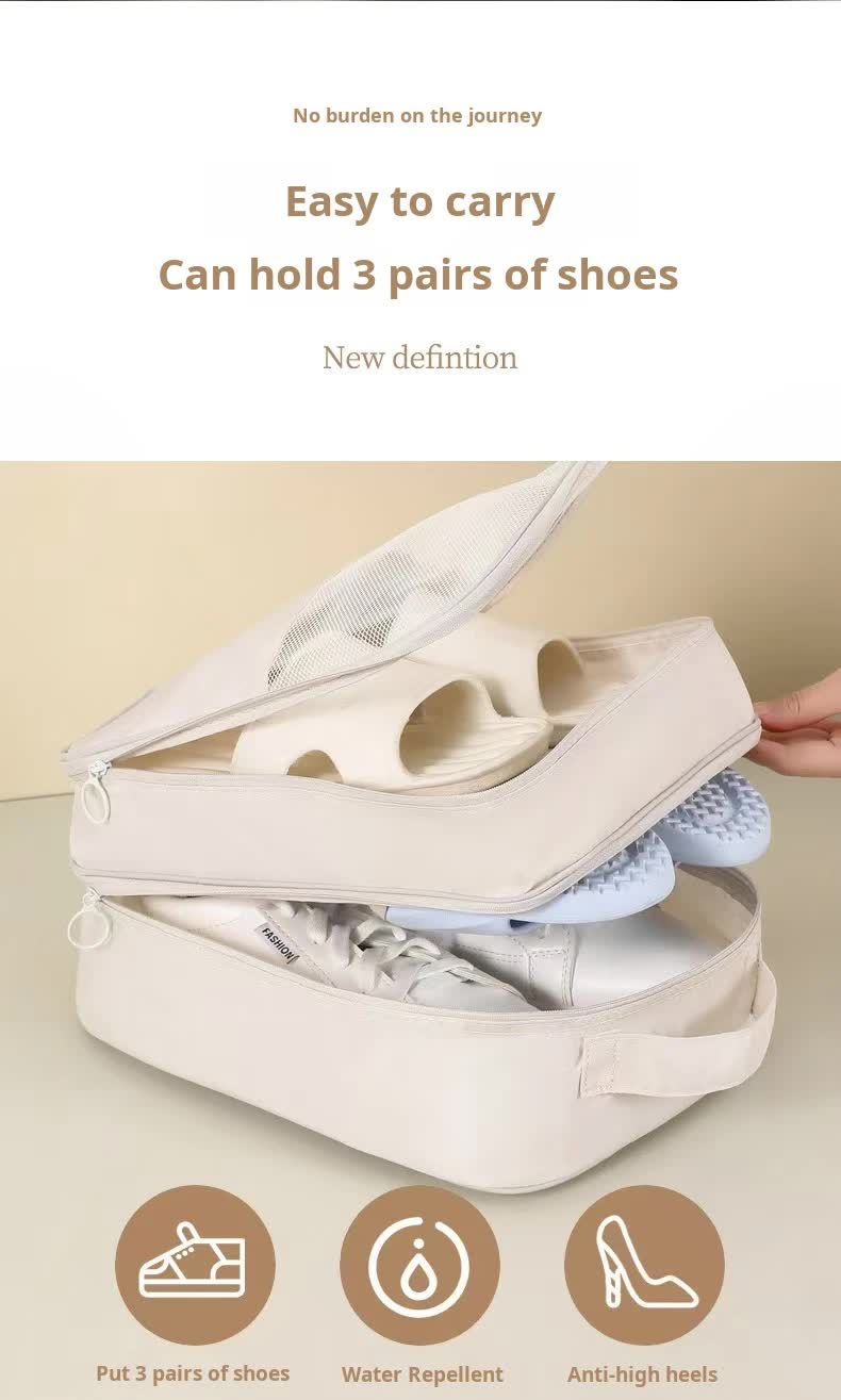 2 Pcs Beige Waterproof Foldable Travel Shoe Storage Bag, Three-Layer Design Shoe Organizer, Portable Shoe Pouch for Trips