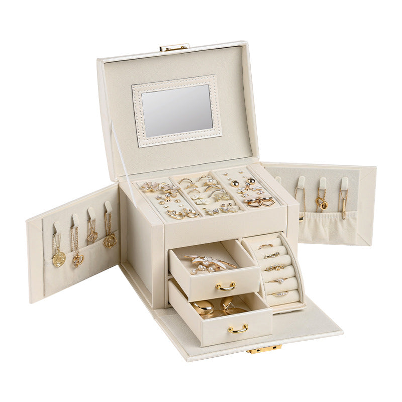 White Luxury PU Leather Jewelry Storage Box - 3-Tier Organizer with Mirror for Necklaces, Earrings, and Rings(Jewelry is a photo prop and is not included)