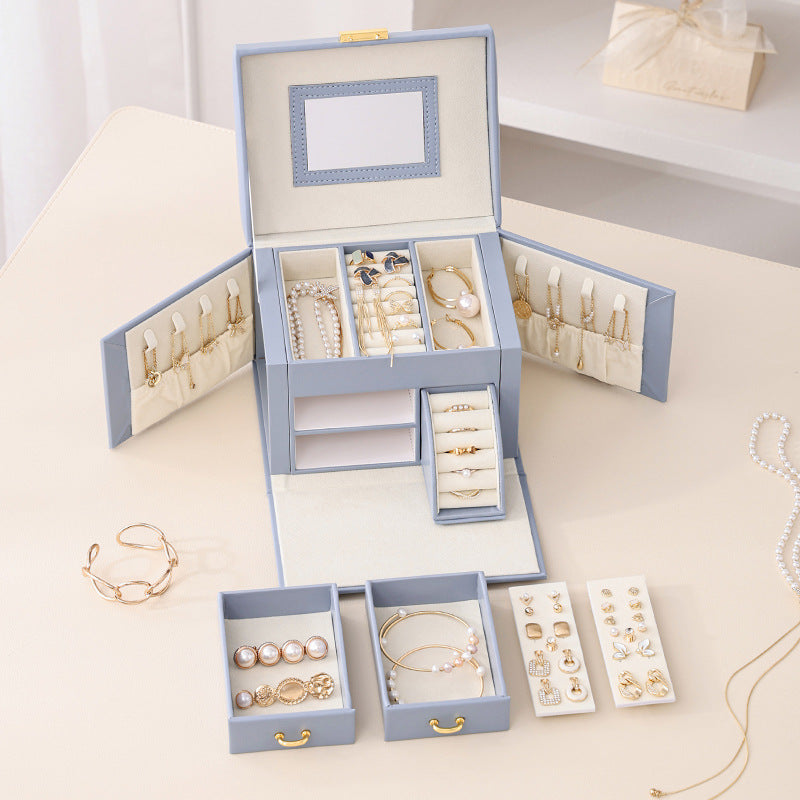 White Luxury PU Leather Jewelry Storage Box - 3-Tier Organizer with Mirror for Necklaces, Earrings, and Rings(Jewelry is a photo prop and is not included)
