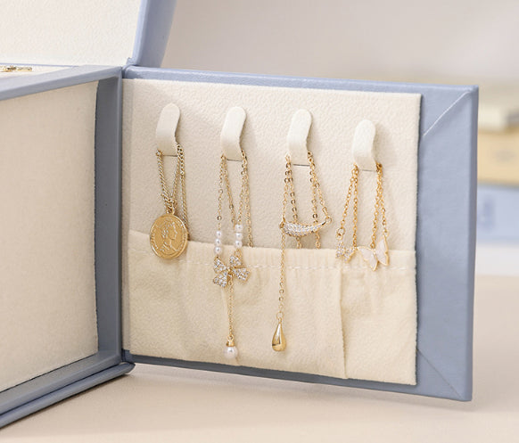 White Luxury PU Leather Jewelry Storage Box - 3-Tier Organizer with Mirror for Necklaces, Earrings, and Rings(Jewelry is a photo prop and is not included)