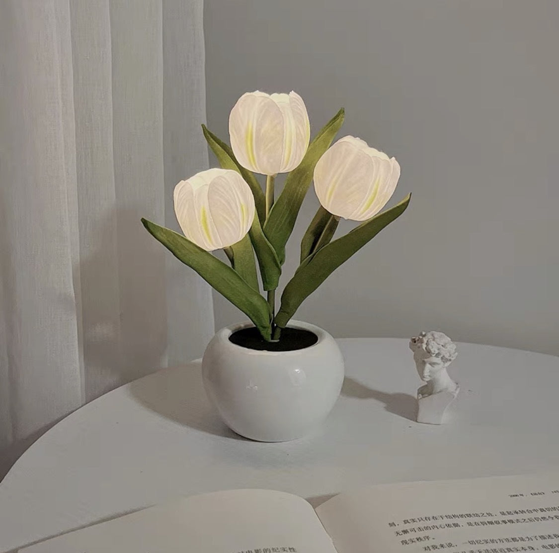 White Flowers USB Tulip Night Light - Bedroom Decor Table Lamp with PU Flowers &amp; Ceramic Pot, Perfect Gift for Family &amp; Friends