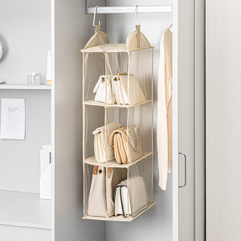 Beige Hanging Dustproof Storage Bag - Multi-Layer Organizer for Bags, Clothes & Accessories, 4-Tier Non-Woven Fabric