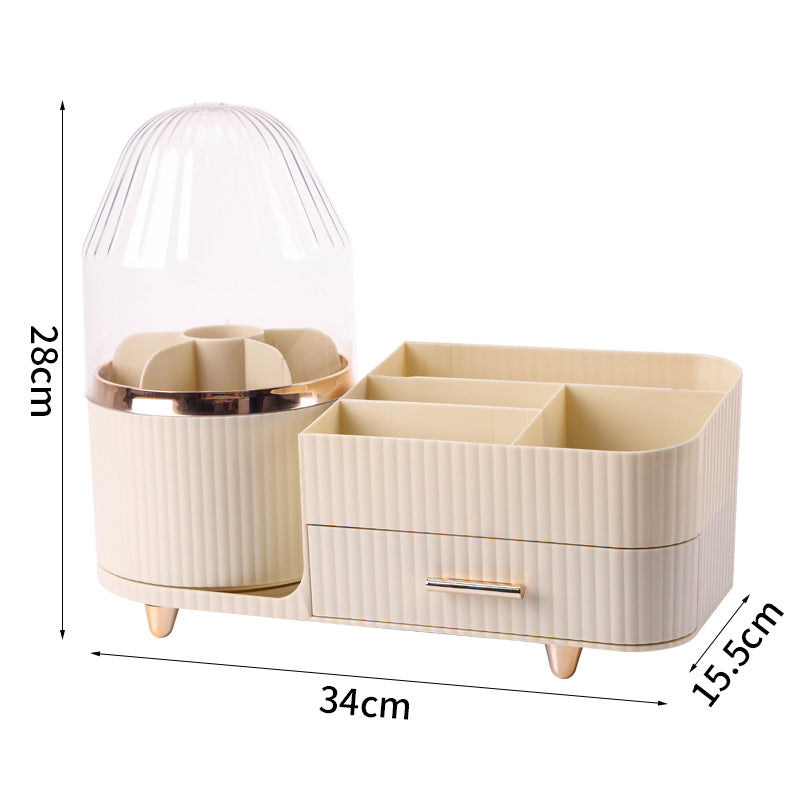 Cream Color Rotating Makeup Organizer Box - Multi-Compartment Cosmetic Storage with Dustproof Cover
