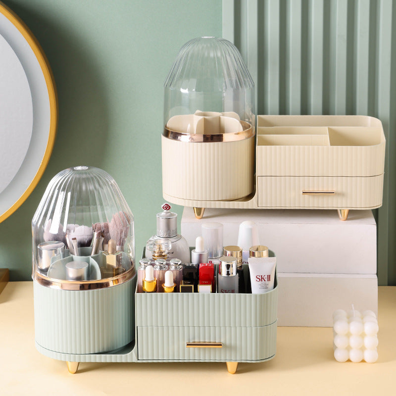 Cream Color Rotating Makeup Organizer Box - Multi-Compartment Cosmetic Storage with Dustproof Cover