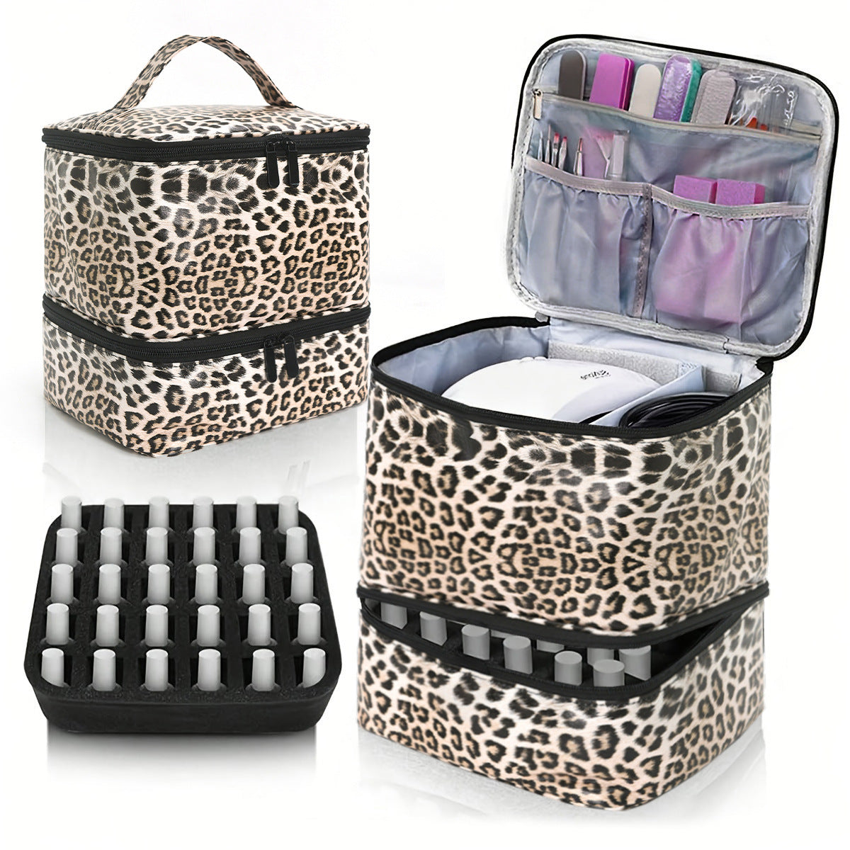 Leopard Double-Layer PU Nail Polish Storage Case with High Capacity for Essential Oils and Nail Lamp - Portable &amp; Adjustable