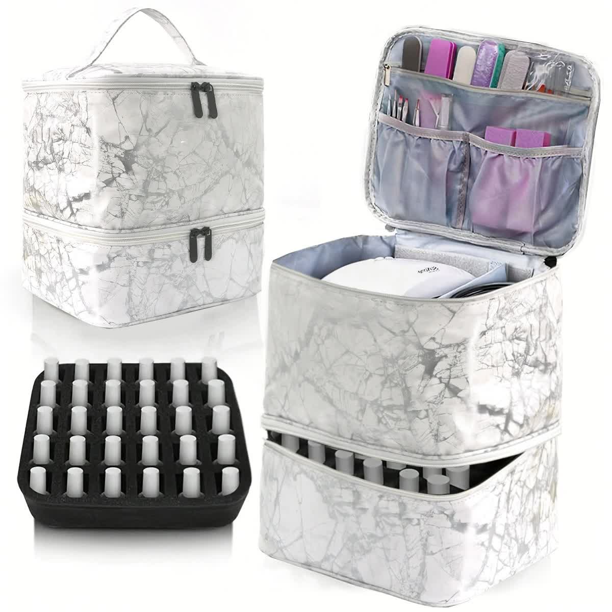 White Marble Double-Layer PU Nail Polish Storage Case with High Capacity for Essential Oils and Nail Lamp - Portable &amp; Adjustable