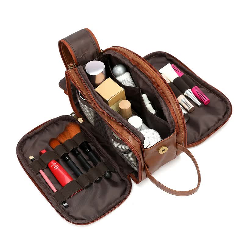 Brown Vintage Leather Makeup Bag with Multi-Compartment Organizer - Travel Cosmetic Case