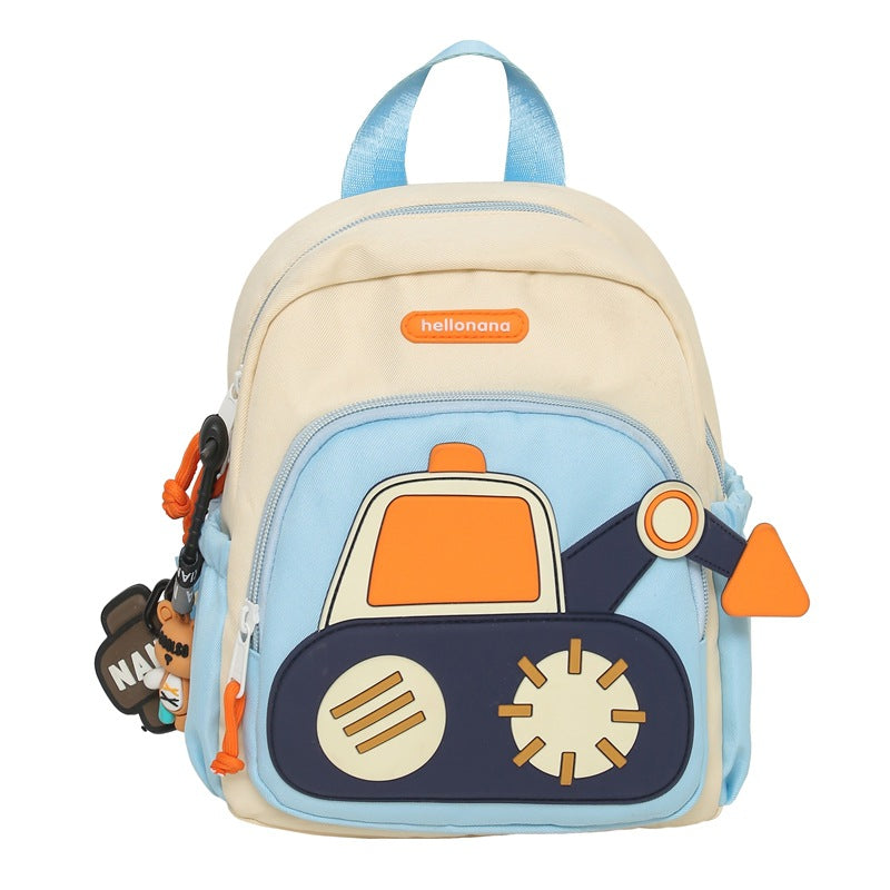 White-blue Kids&#39; Cartoon Backpack - Adorable Excavator Design with Spacious Compartments