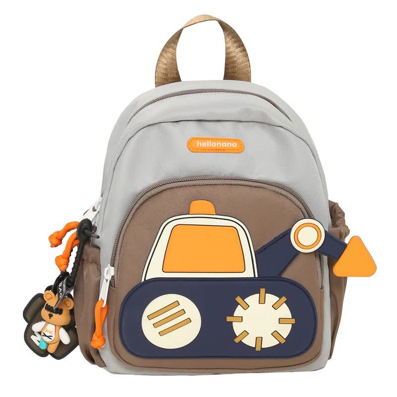 Grey-brown Kids&#39; Cartoon Backpack - Adorable Excavator Design with Spacious Compartments