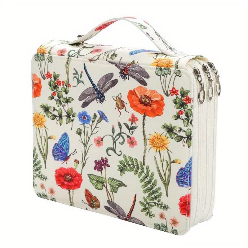 White Floral Design Portable Zippered Pencil Case - 3-Layer Large Capacity Organizer for Stationery &amp; Art Supplies