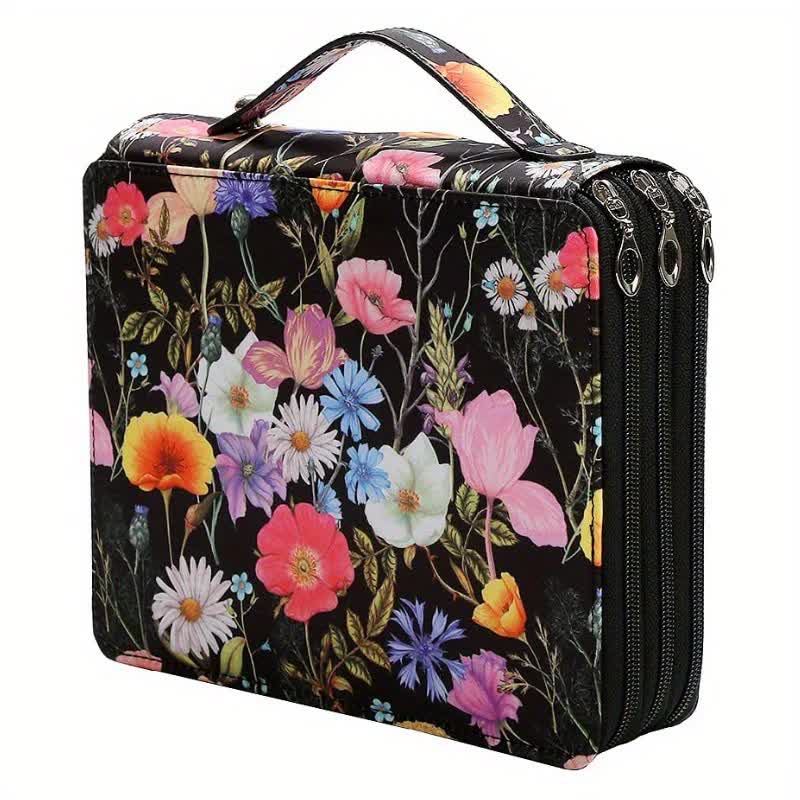 Black Floral Design Portable Zippered Pencil Case - 3-Layer Large Capacity Organizer for Stationery &amp; Art Supplies