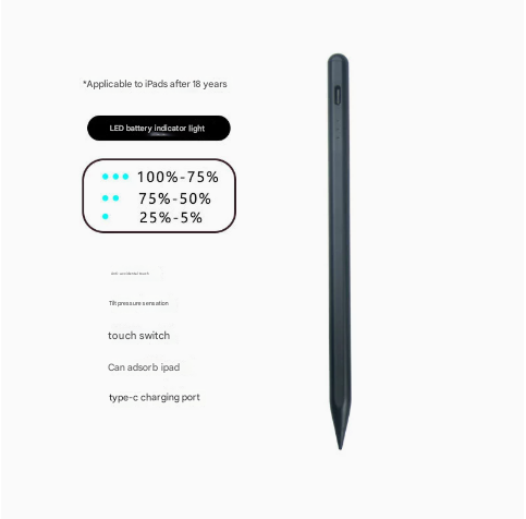 Black Stylus Pen for iPad (2018 &amp; Later) - Tilt Pressure, Magnetic Attachment, LED Battery Indicator, Type-C Rechargeable