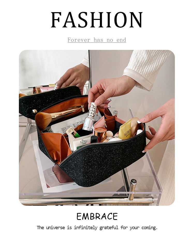 Silver Elegant Glitter Cosmetic Bag with Zipper and Handle