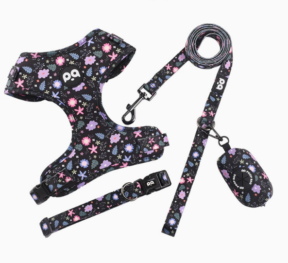 S Crushed Black Adjustable Soft Pet Harness with Leash &amp; Poop Bag Dispenser